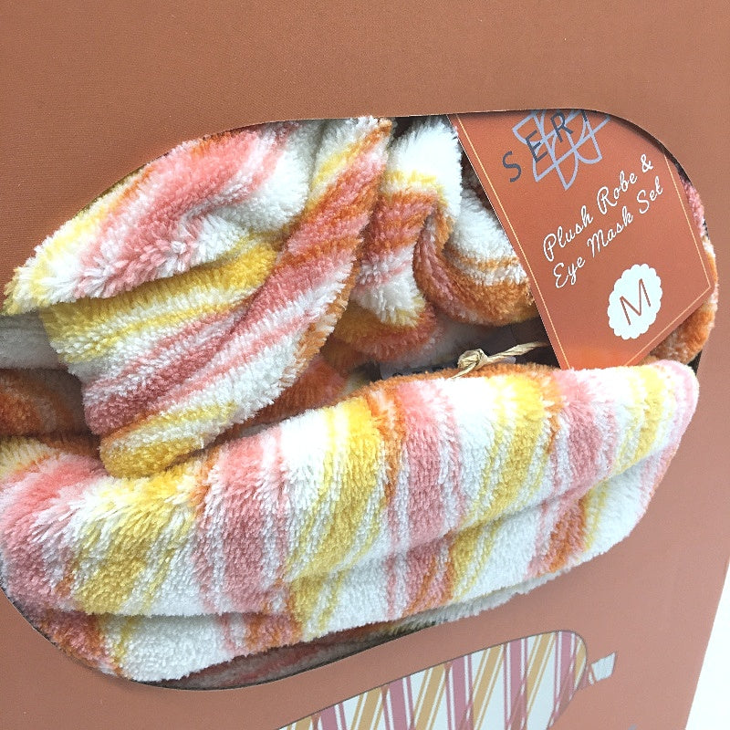 Serra Orange Striped Soft Plush Robe & Eye Mask Gift Set Ladies Size M NEW