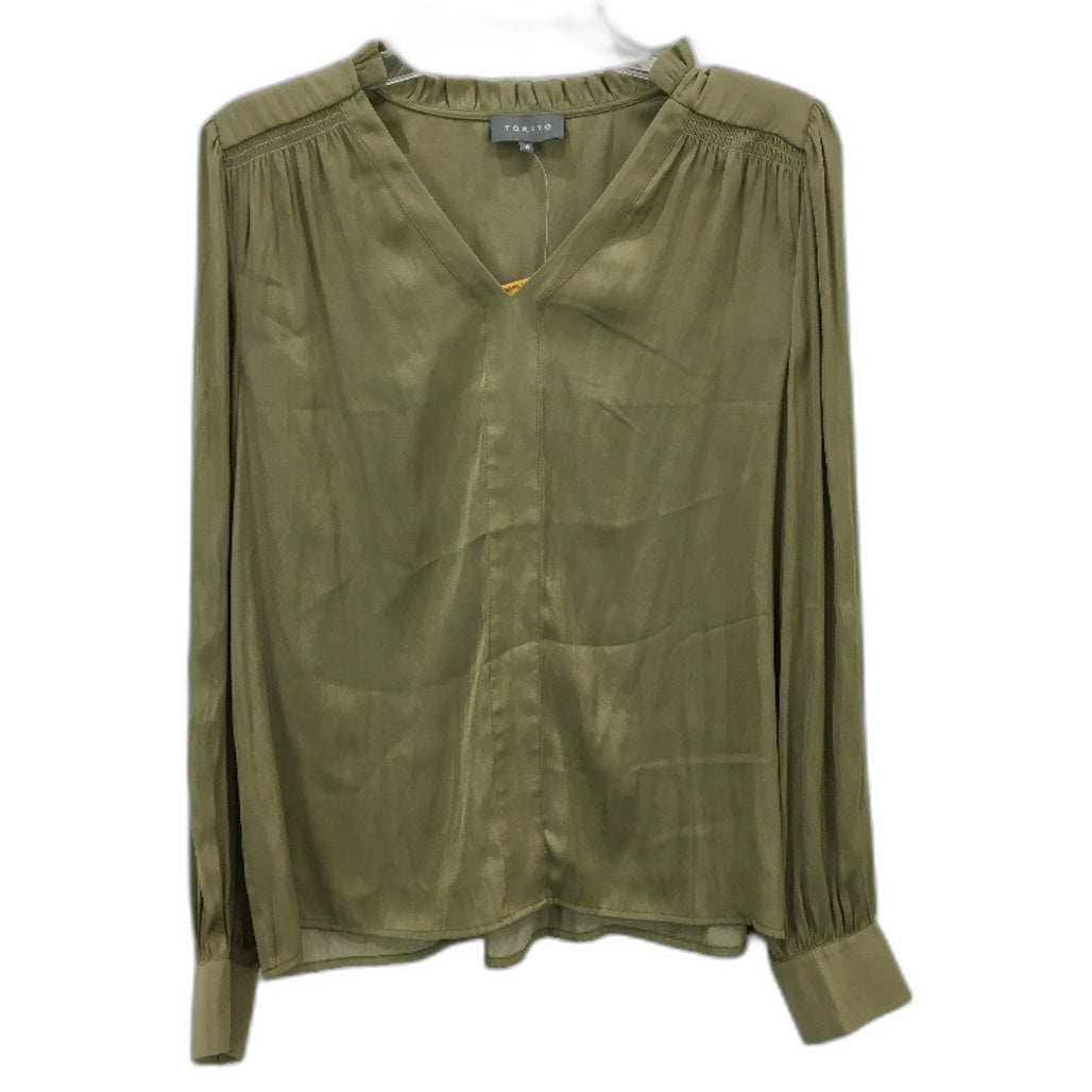 Tokito Petites Khaki Green Silky Long Sleeve V Neck Blouse Ladies Size 10 NEW