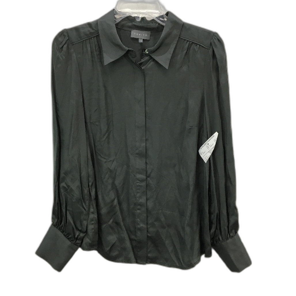 Tokito Petites Dark Green Silky Long Sleeve Button Up Blouse Ladies Size 10 NEW