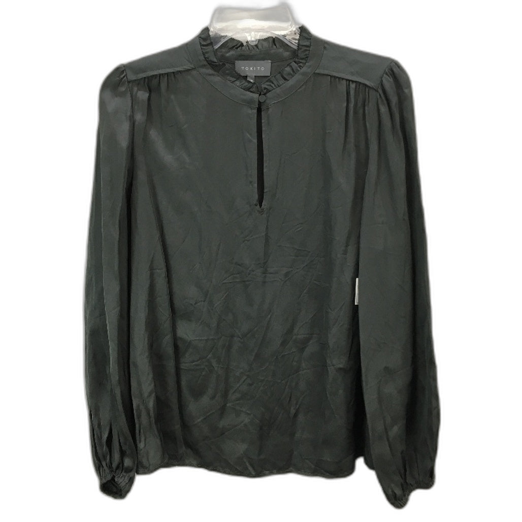Tokito Petites Dark Green Silky Long Sleeve Frill Neck Blouse Ladies Size 10 NEW