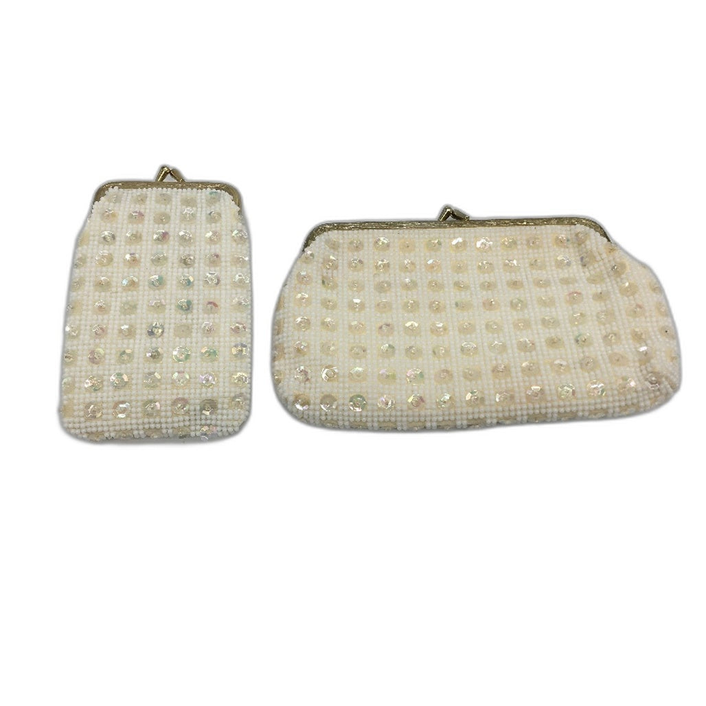 Vintage Set of 2 beaded & Sequined White & Gold Accent Small Purses