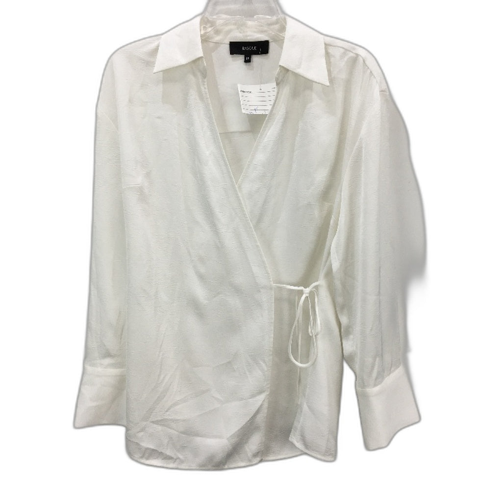 Basque Petites Ivory White Silky Long Sleeve Tie Up Tunic Blouse Size 10 NEW