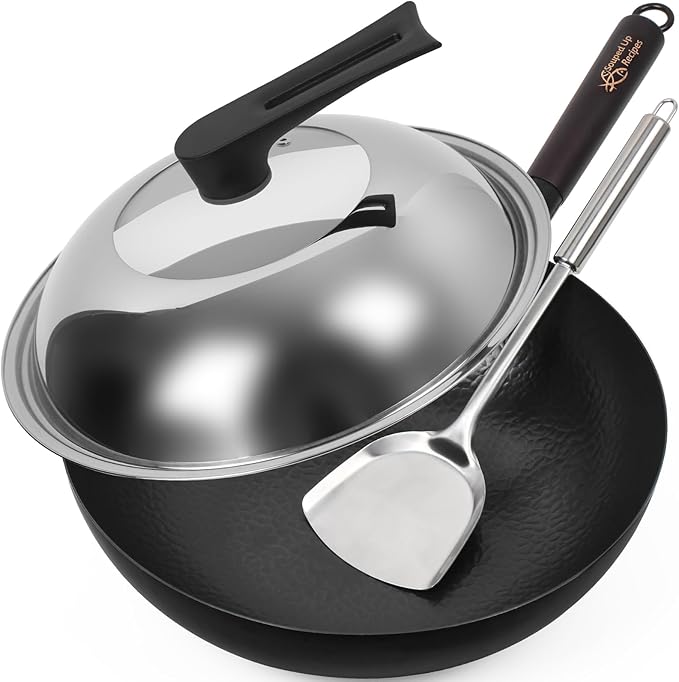 Souped Up Recipes Preseasoned 13.4 Inch Carbon Steel Wok With Lid & Spatula NEW