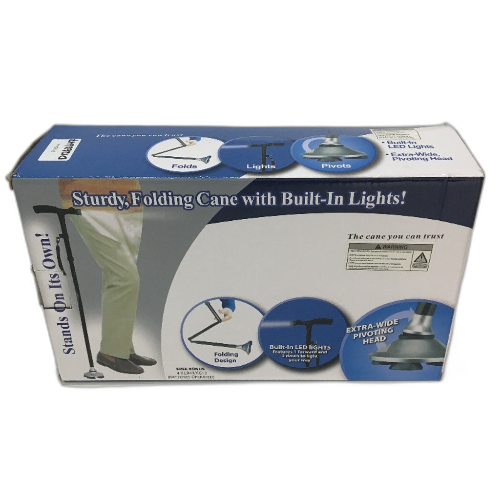 Folding Cane Walking Stick Built In LED Light Extra Wide Pivoting Head Portable