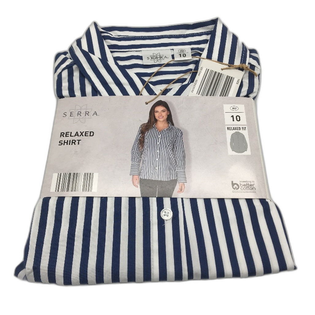 Serra 100% Cotton Navy Striped Long Sleeve Relaxed Fit Shirt Ladies Size 10 NEW