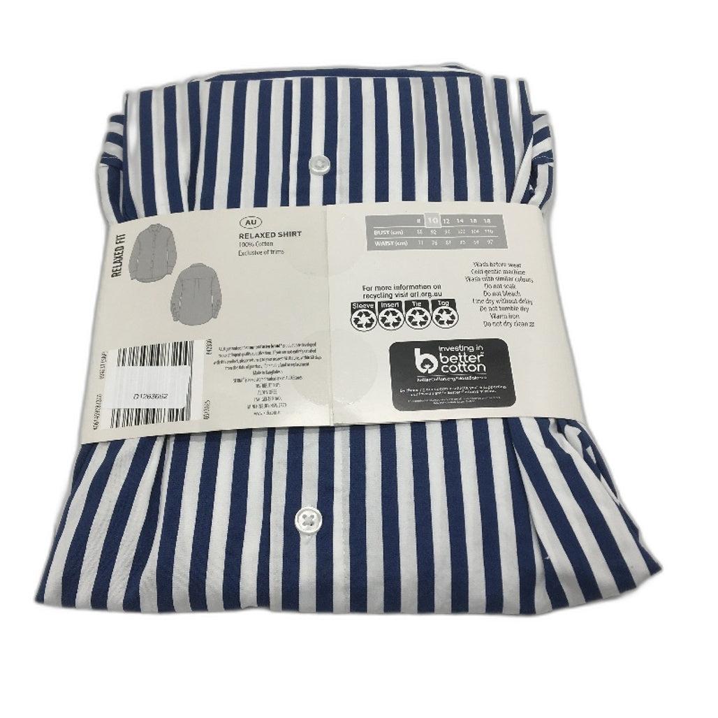 Serra 100% Cotton Navy Striped Long Sleeve Relaxed Fit Shirt Ladies Size 10 NEW