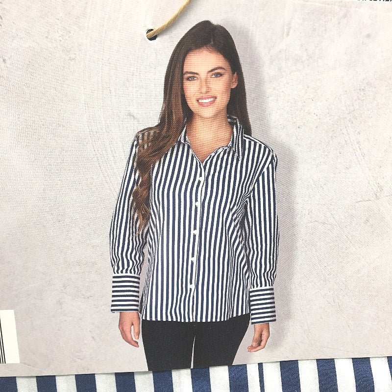 Serra 100% Cotton Navy Striped Long Sleeve Relaxed Fit Shirt Ladies Size 10 NEW