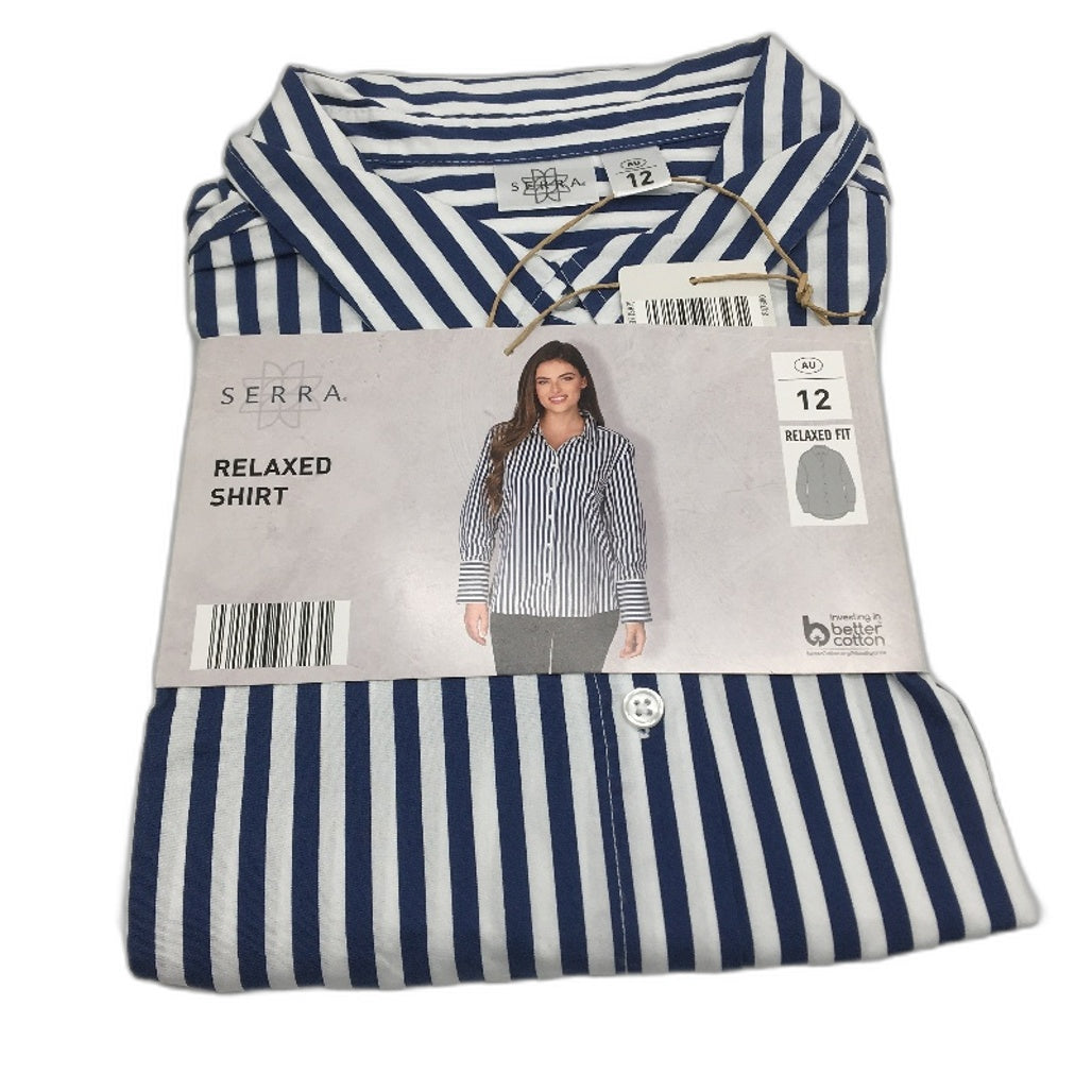 Serra 100% Cotton Navy Striped Long Sleeve Relaxed Fit Shirt Ladies Size 12 NEW