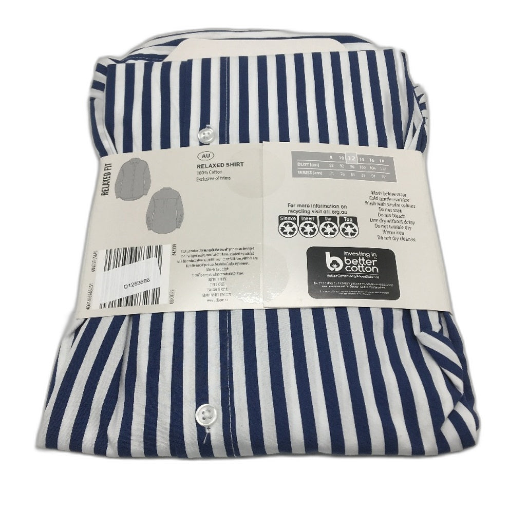 Serra 100% Cotton Navy Striped Long Sleeve Relaxed Fit Shirt Ladies Size 12 NEW