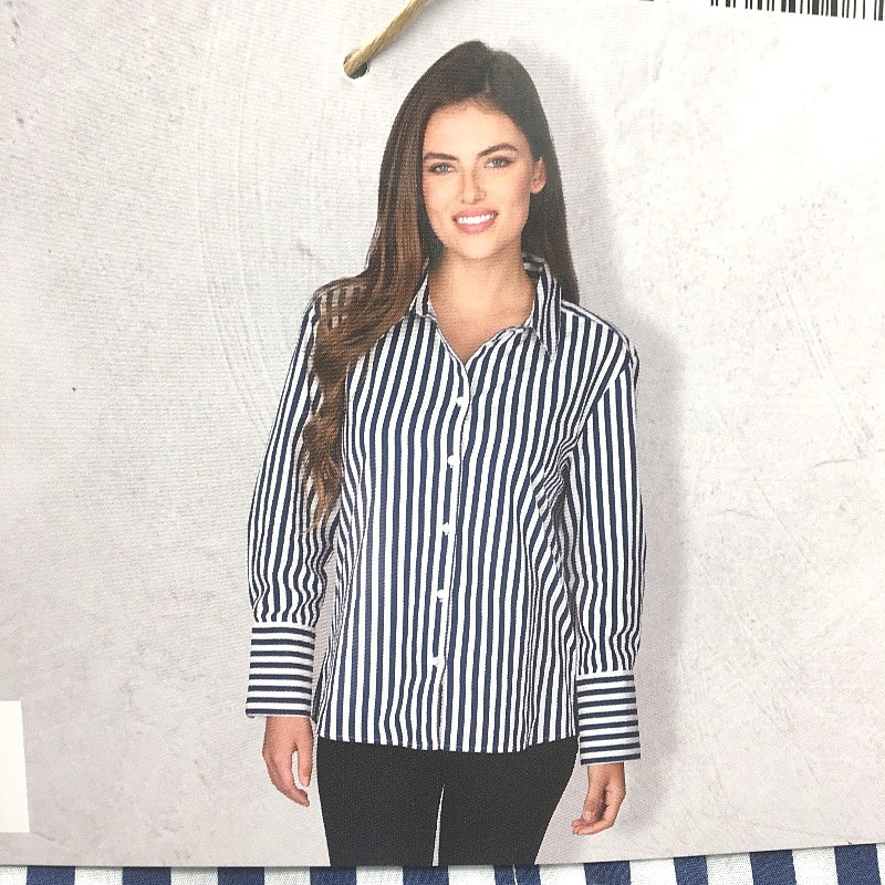 Serra 100% Cotton Navy Striped Long Sleeve Relaxed Fit Shirt Ladies Size 12 NEW