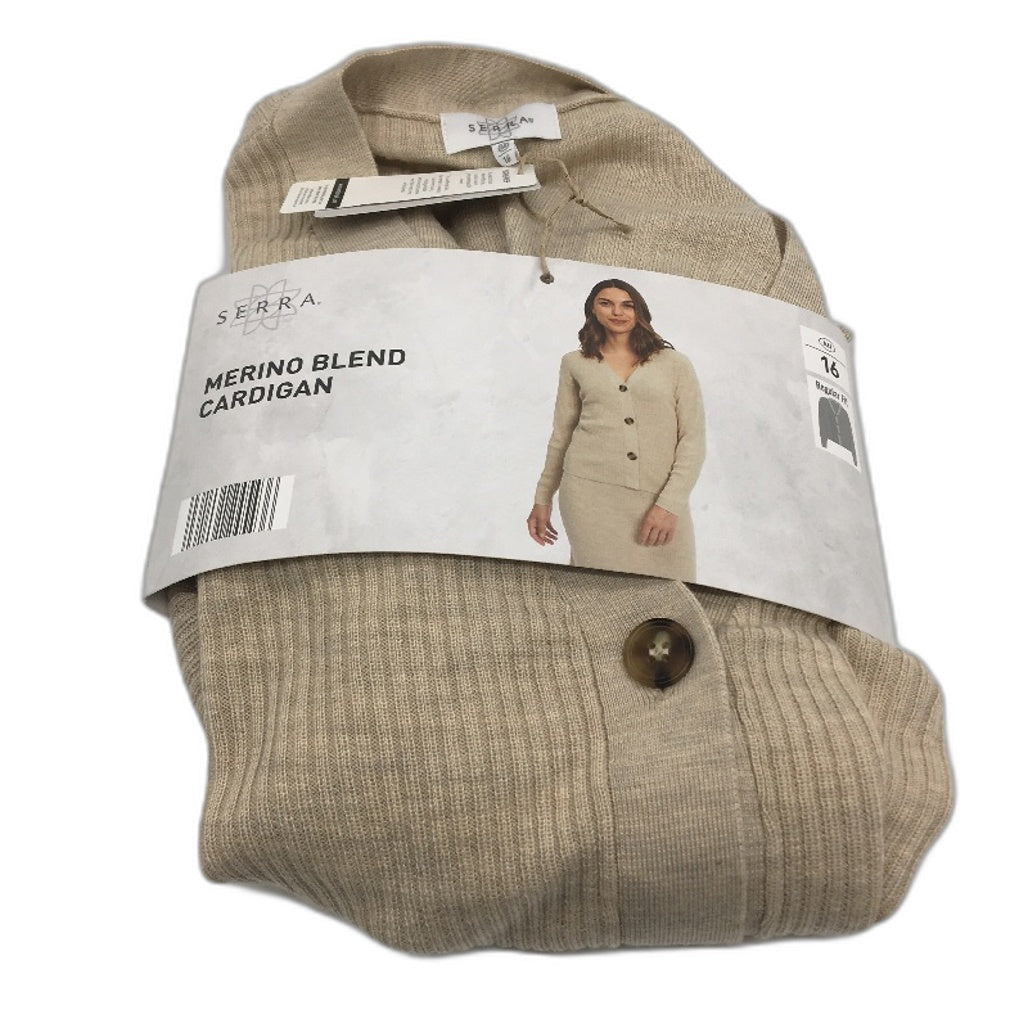 Serra Taupe Merino Wool Blend Regular Fit Button Up Cardigan Ladies Size 16 NEW