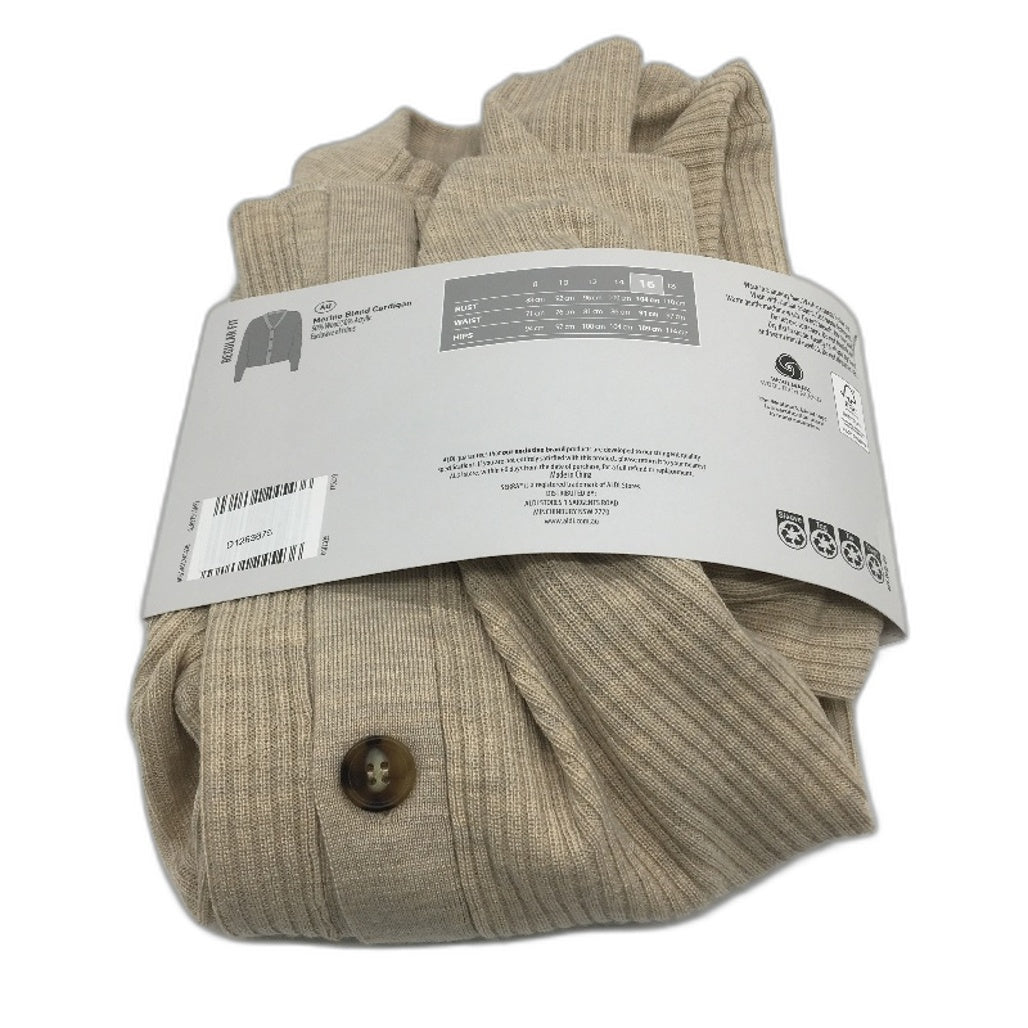 Serra Taupe Merino Wool Blend Regular Fit Button Up Cardigan Ladies Size 16 NEW