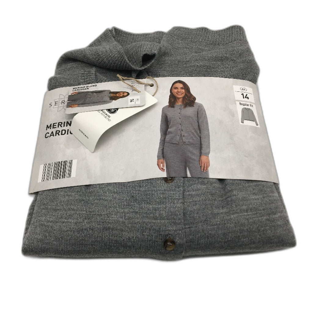 Serra Grey Merino Wool Blend Regular Fit Button Up Cardigan Ladies Size 14 NEW