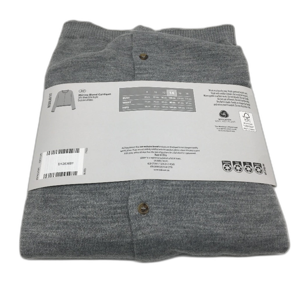 Serra Grey Merino Wool Blend Regular Fit Button Up Cardigan Ladies Size 14 NEW