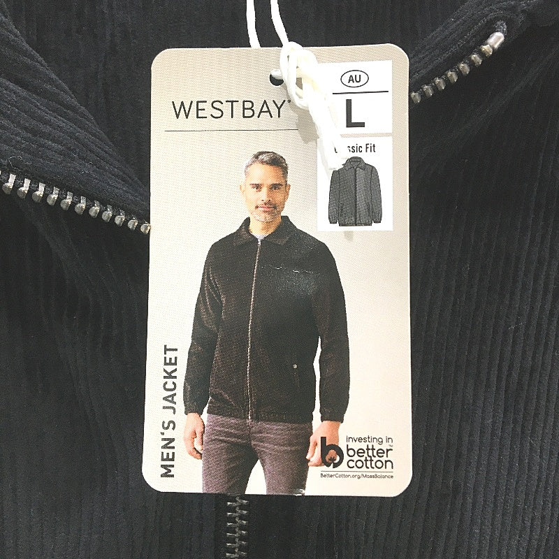 Westbay Black Corduroy Classic Fit 100% Cotton Zip Up Jacket Mens Size L NEW
