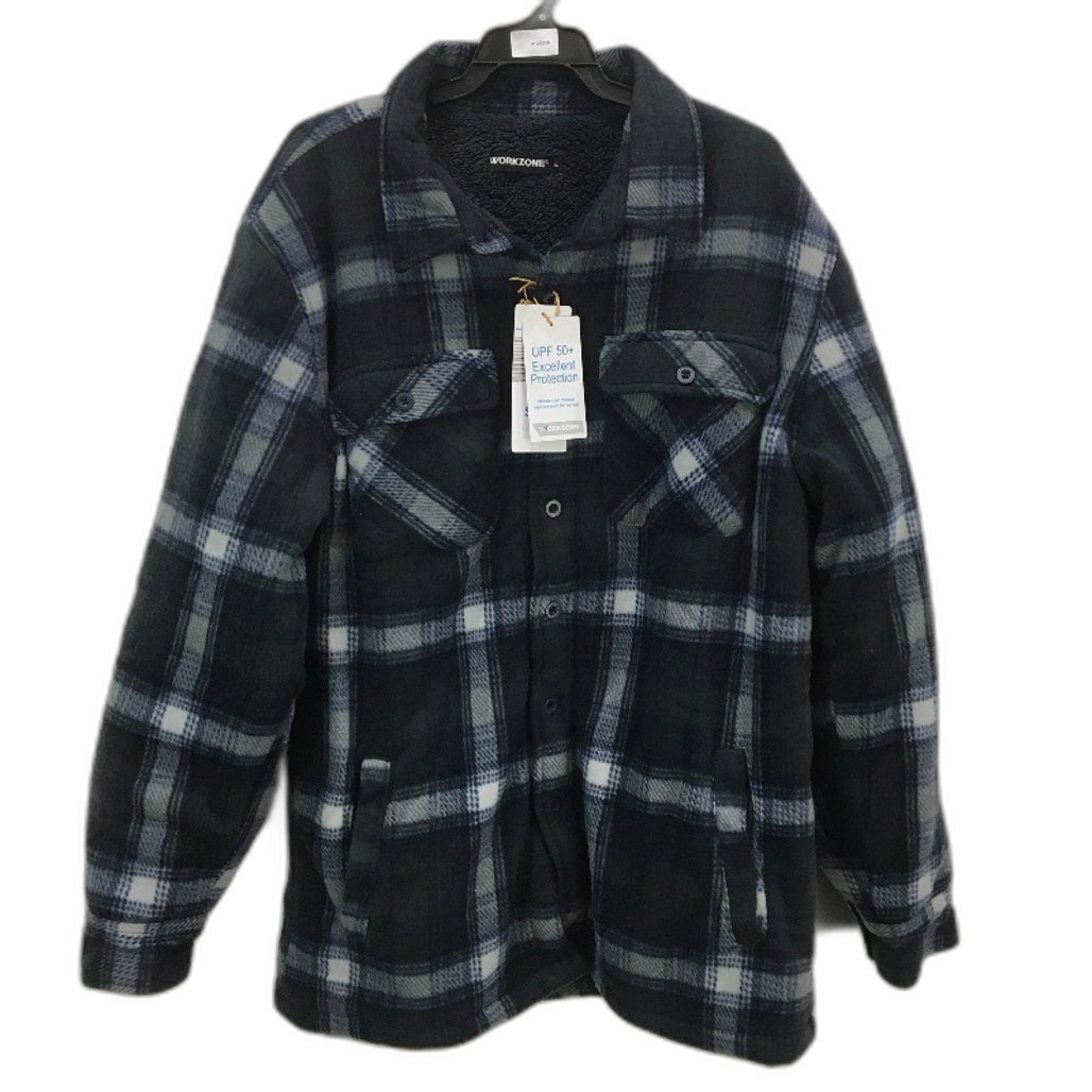 Workzone Navy Blue Plaid Design Sherpa Shacket Jacket Button-Up Mens Size L NEW
