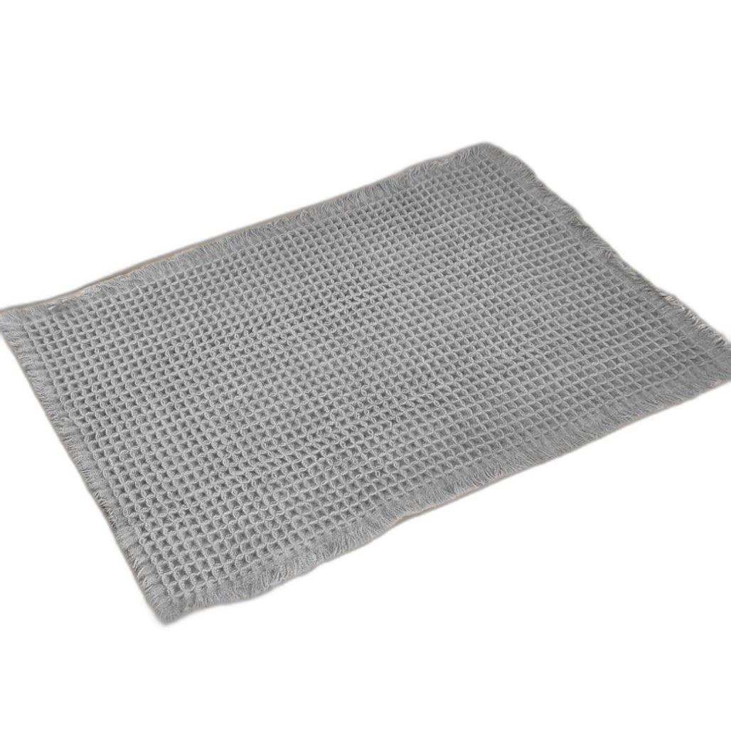 Grey Waffle Bath Mat Non-Slip Plush Bathroom Floor Rug Tassles Absorbent