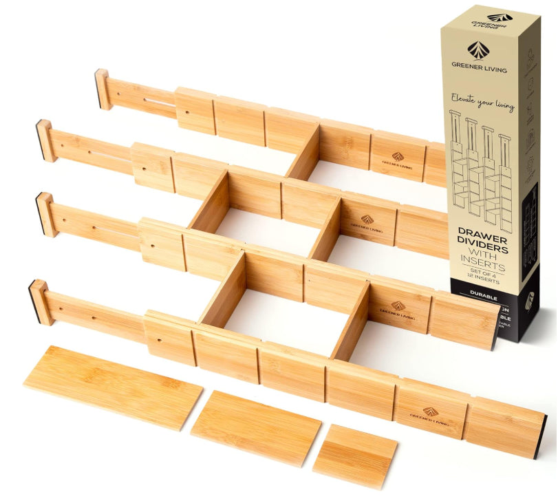 Greener Living Drawer Dividers Kitchen Drawer Organiser Bamboo Adjustable Tan