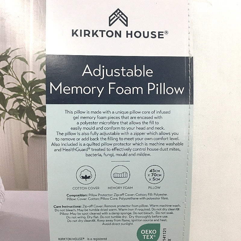 Kirkton House Adjustable Memory Foam Pillow Removable Cotton Cover Contoured NEW
