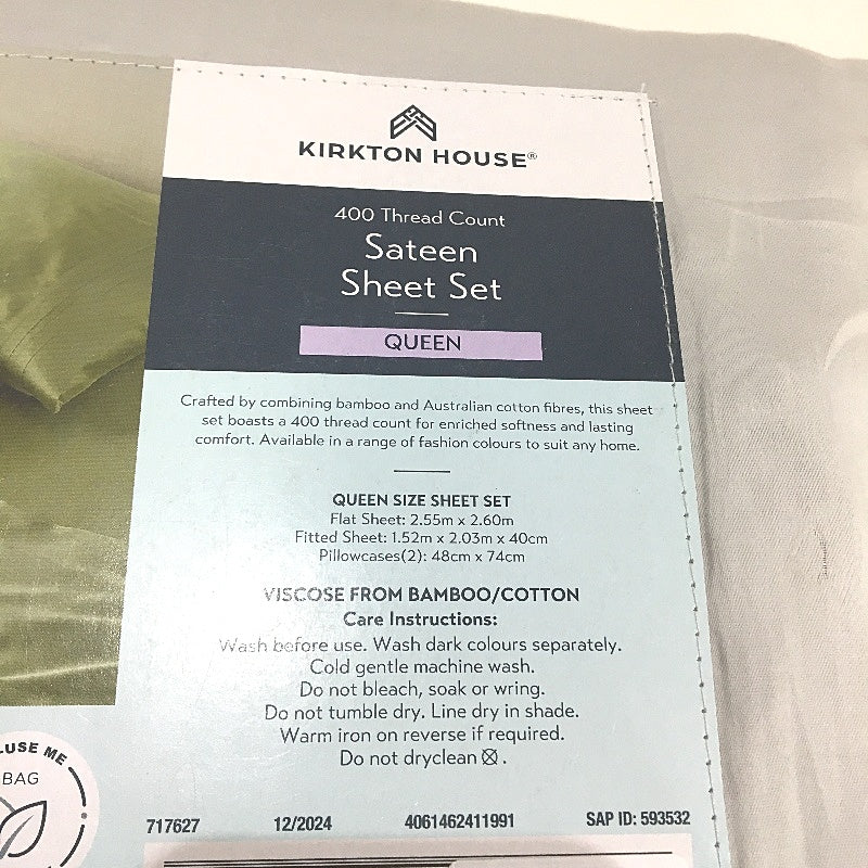 Kirkton House Silver Grey Sateen Fitted 400 Thread Count Sheet Set QUEEN Bed NEW