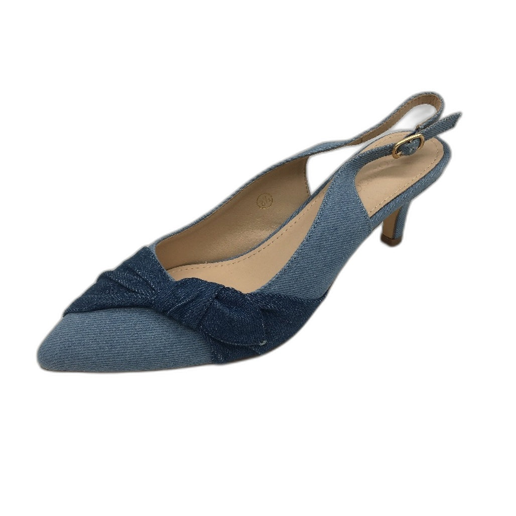 Coutgo Denim Low Kitten Heels Closed Pointed Toe Side Knot Slingbacks US 8.5 NEW