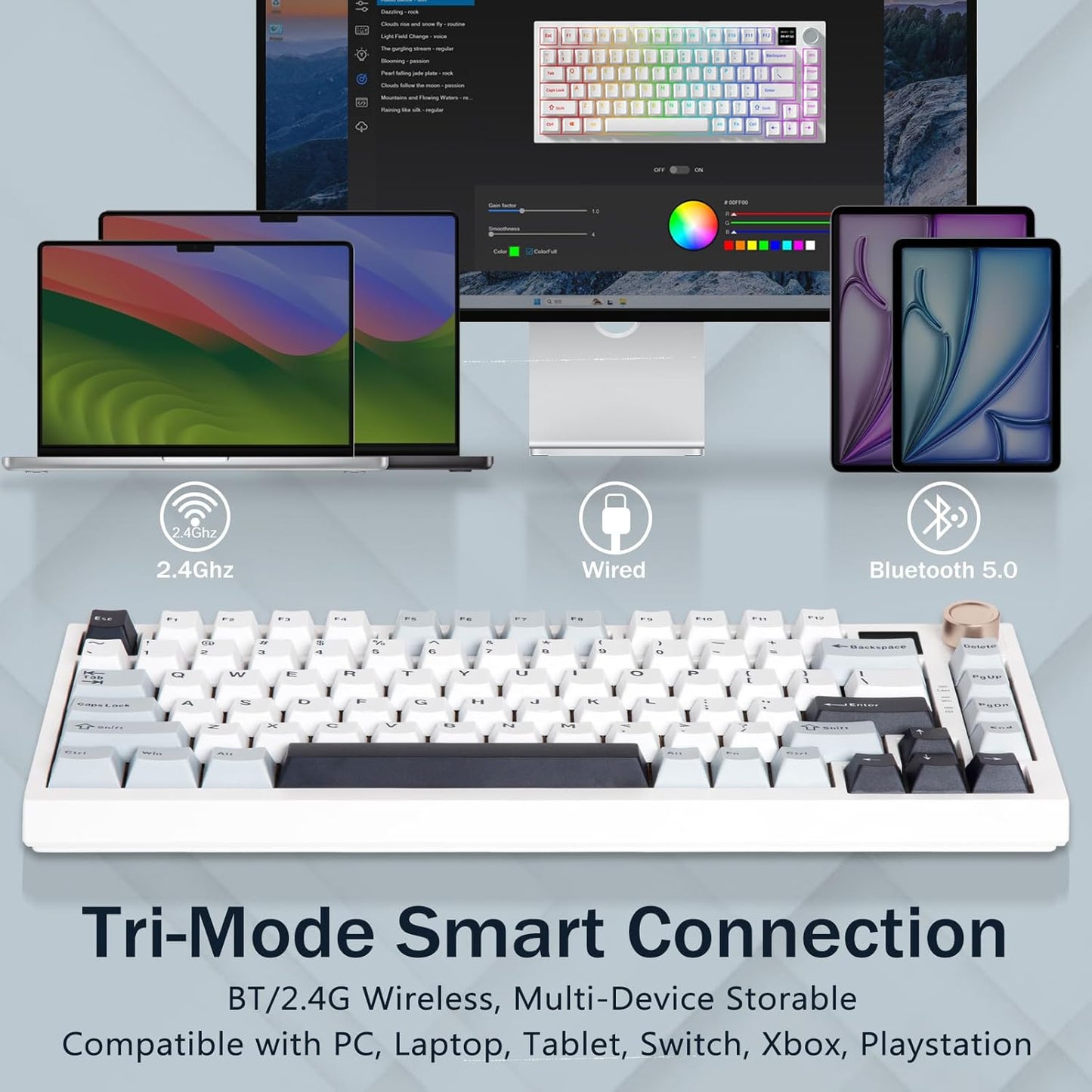 Huo Ji CQ082 75% Tri-Mode Linear Switch Mechanical Keyboard in Light Blue NEW