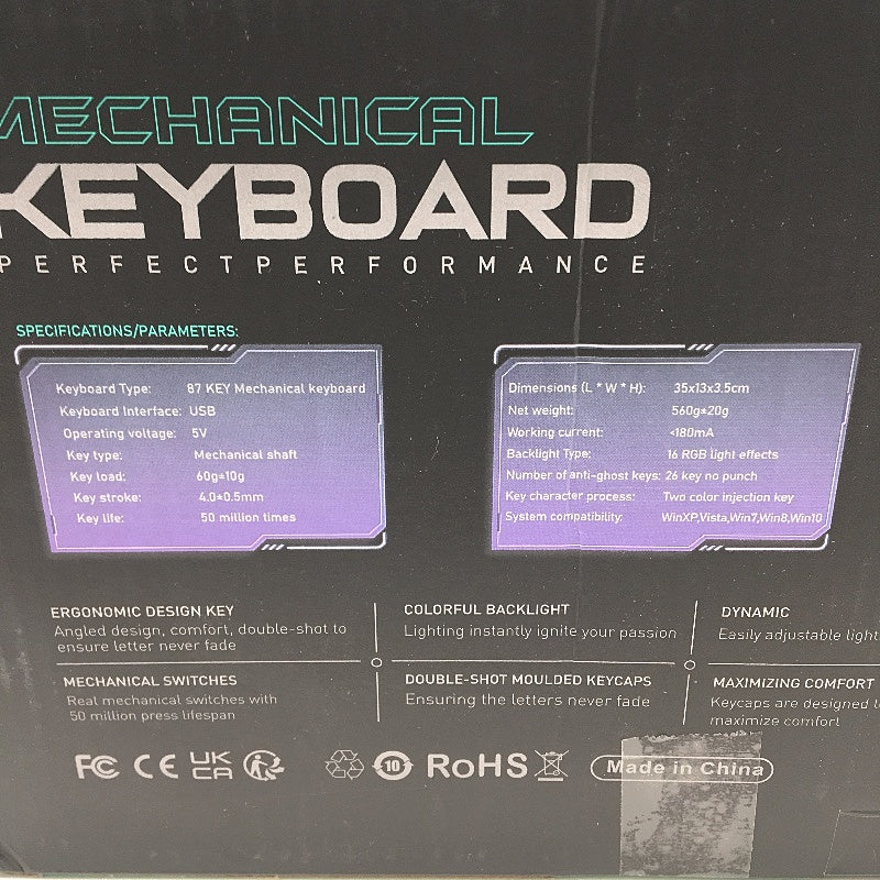 K87 87 Key Blue Switch Clicky RGB Ergonomic Black Mechanical Keyboard NEW