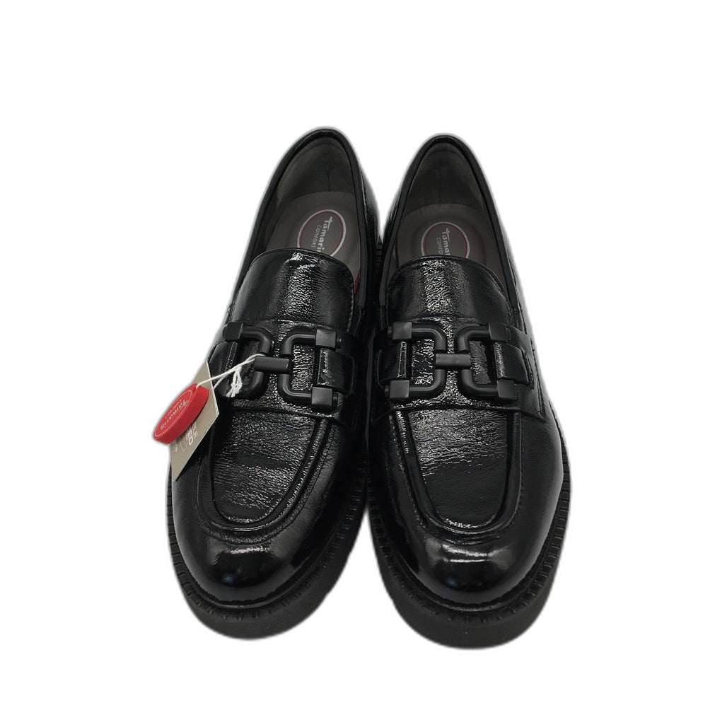 Tamaris Comfort Glossy Leather Wedge Heel Loafer Black Ladies Size US 10 NEW