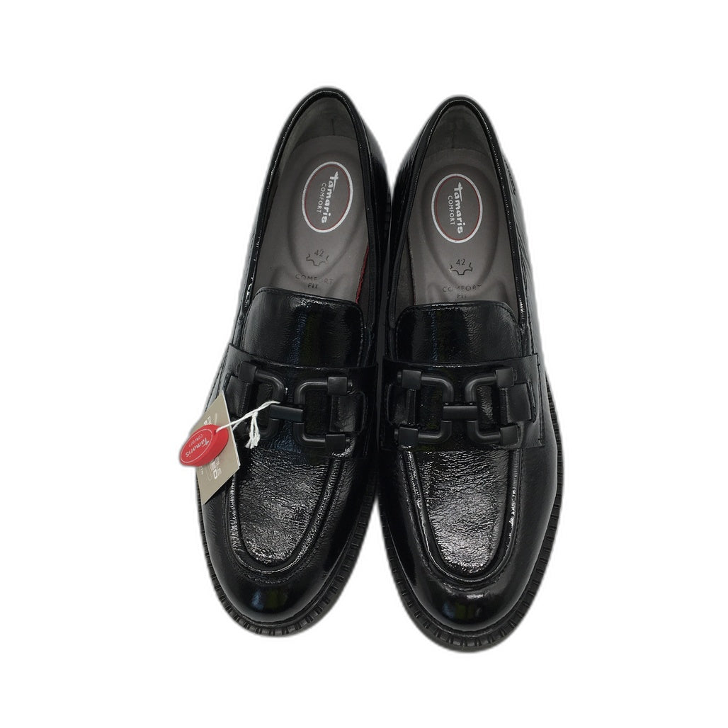 Tamaris Comfort Glossy Leather Wedge Heel Loafer Black Ladies Size US 10 NEW
