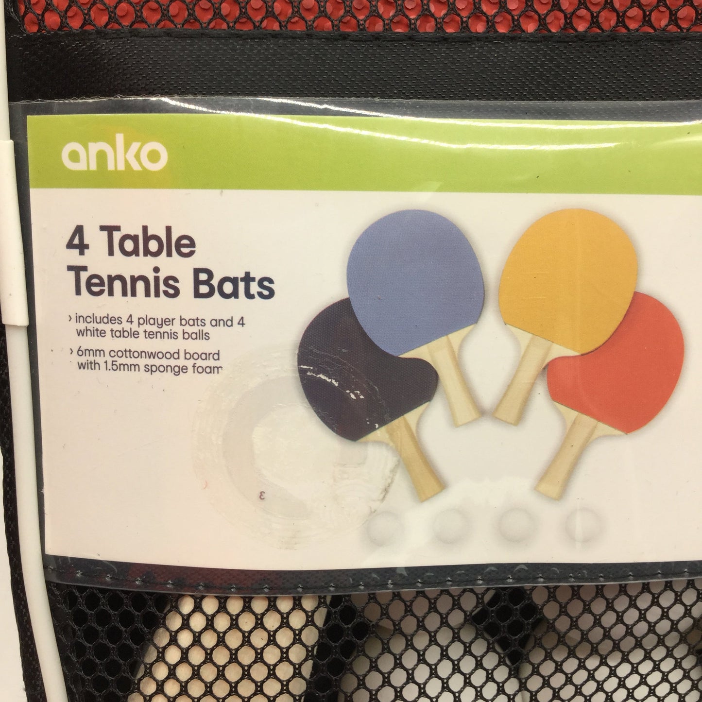 Set of 4 Red, Yellow, Blue & Navy Table Tennis Bats w/ 4 Ping Pong Balls NEW