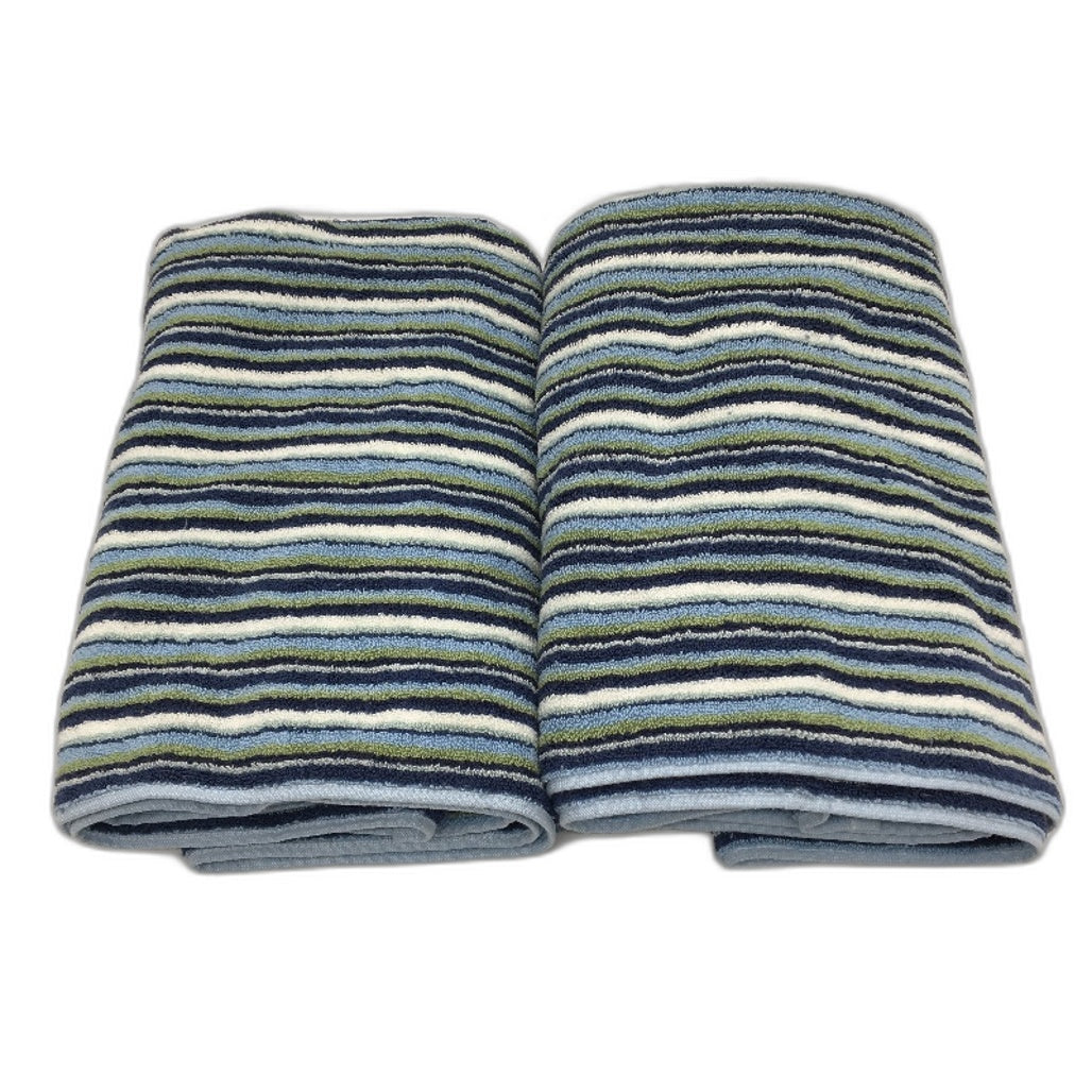 Kirkton House 2 Pack 100% Cotton Blue Green Striped Bath Towel Set NEW
