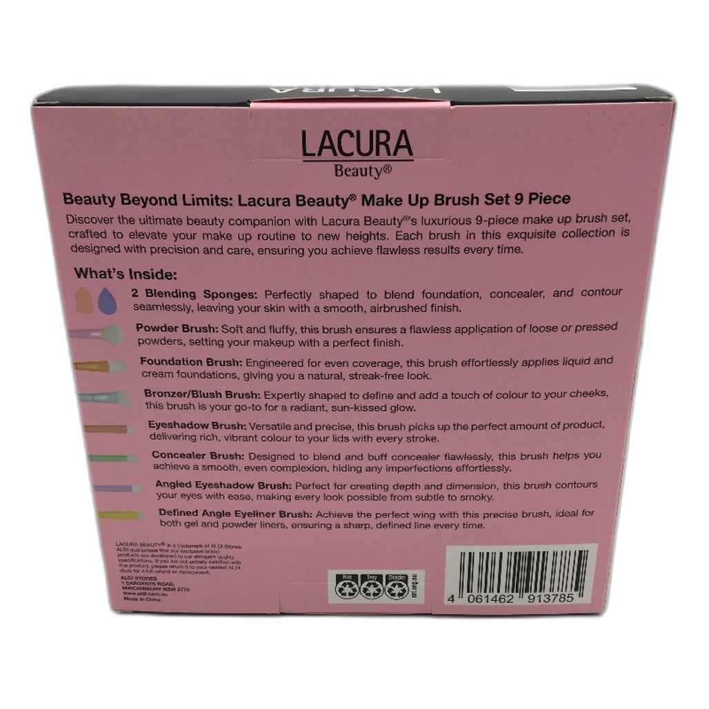 LACURA Beauty Luxurious 9 PCS Pastel Colour Makeup Brush & Sponge Set NEW