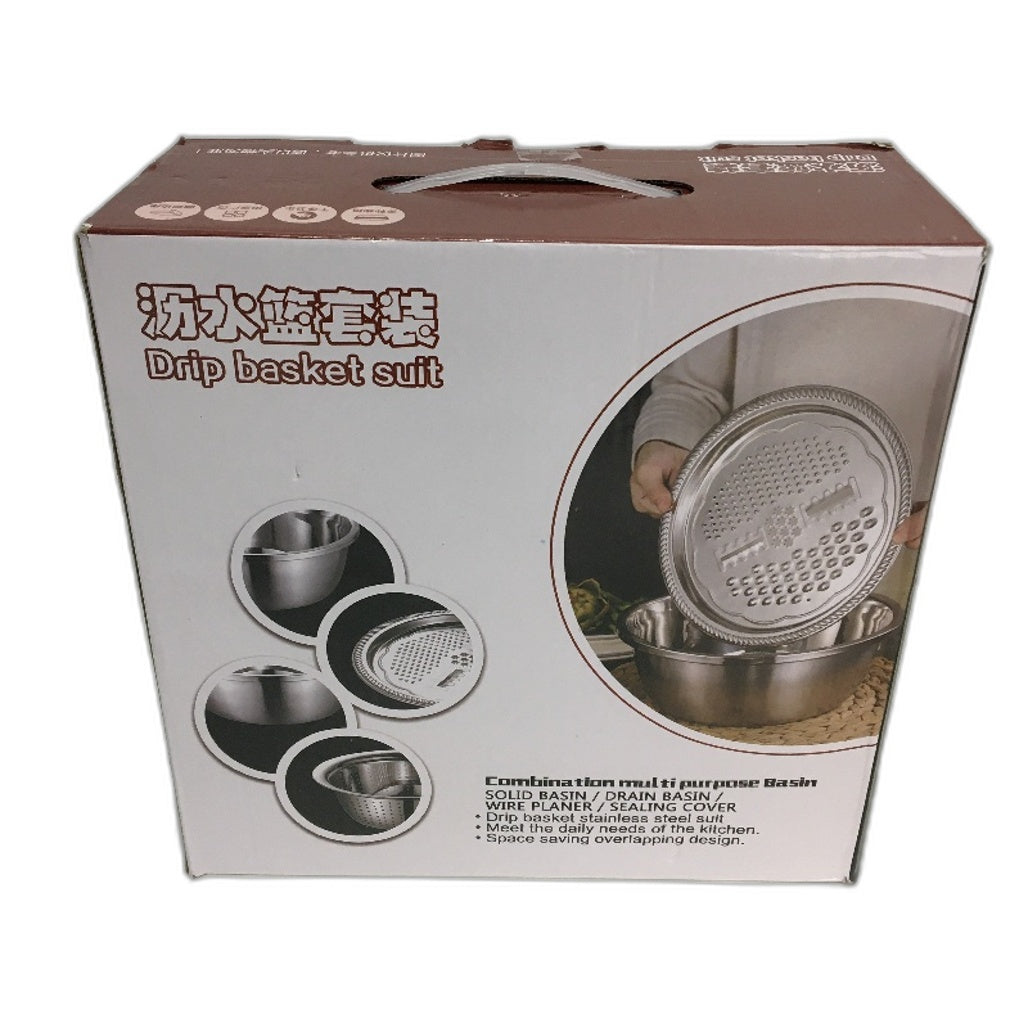 Stainless Steel 3 PCS Multifunctional Drip Draining Basket Bowl Set Grater Tool