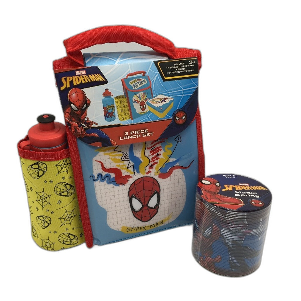 Marvel Spiderman Kids 2 Pack Bundle 3Pcs Lunch Bag Set & Magic Spring Toy Age 3+