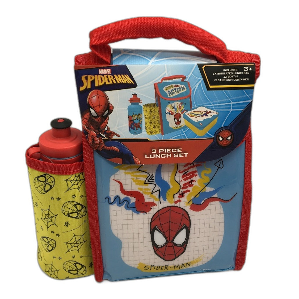 Marvel Spiderman Kids 2 Pack Bundle 3Pcs Lunch Bag Set & Magic Spring Toy Age 3+