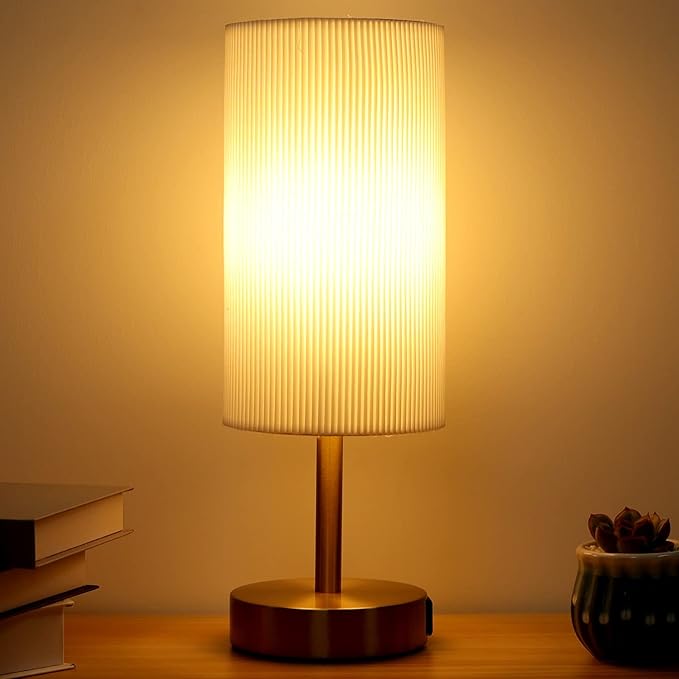 Bedside Table Lamp LED Touch Control Dimmable Light With USB Port Fabric Shade