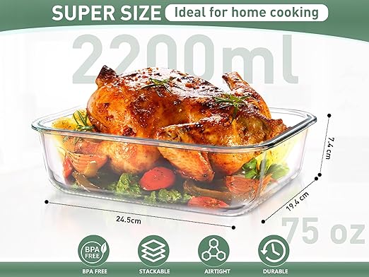 Feshory 2 Pack 2.2L Airtight Glass Food Containers With Lids Leakproof BPA Free