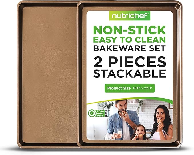 NutriChef 2 Piece 22x16 Inch Nonstick Carbon Steel Mega Bake Pans in Gold NEW