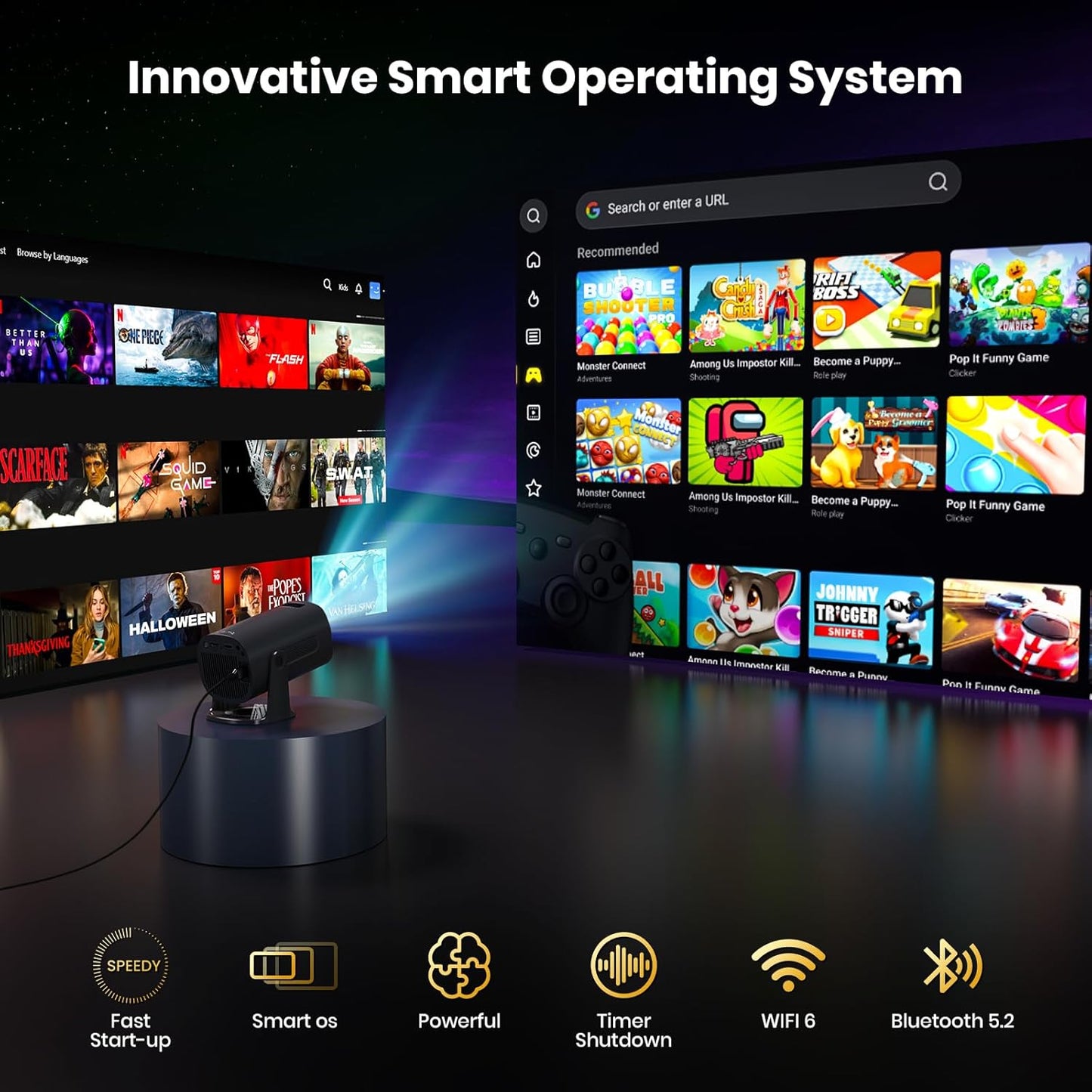 Agima 1080p Built in Smart OS Portable Home Video Projector in Black DEMO