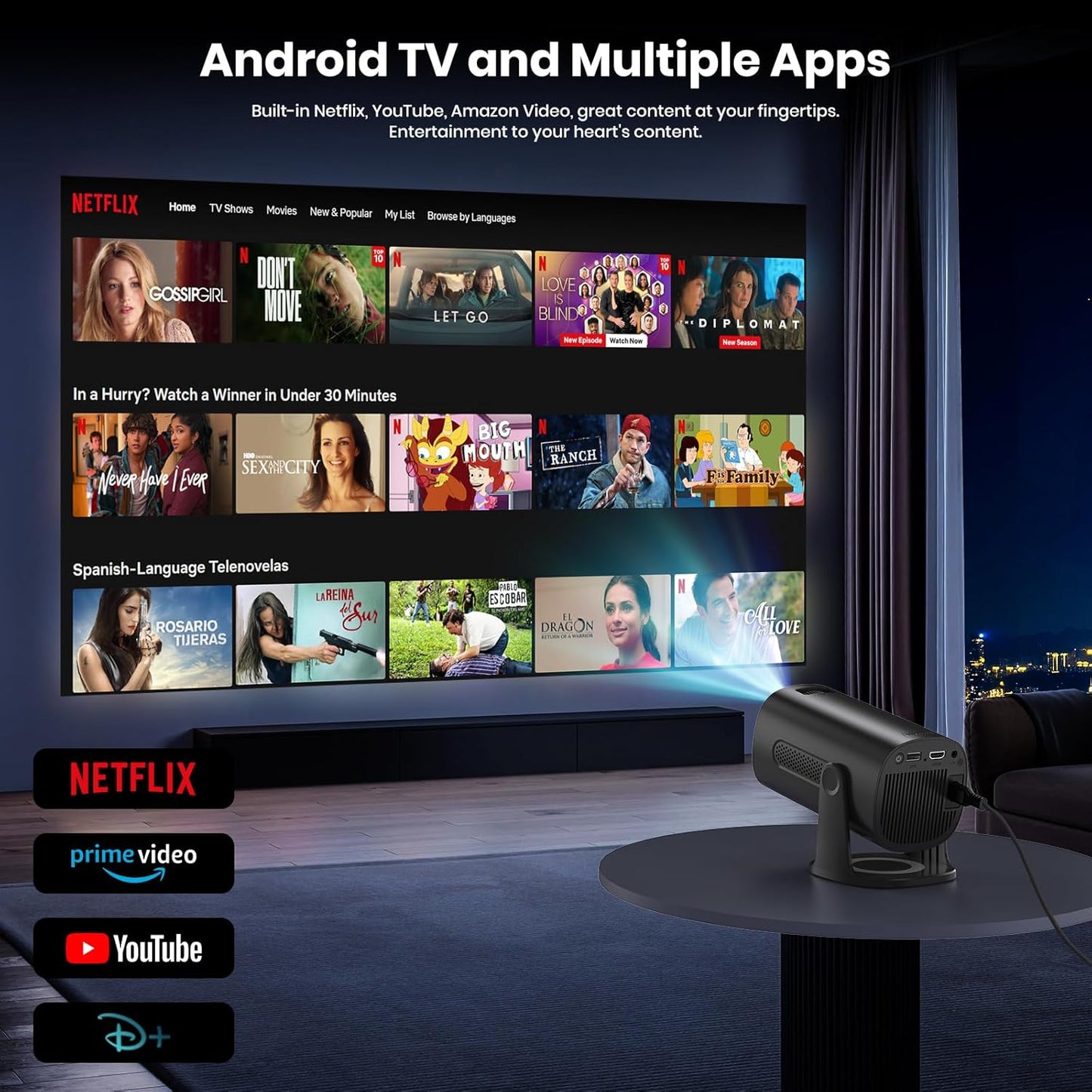 Agima 1080p Built in Smart OS Portable Home Video Projector in White DEMO