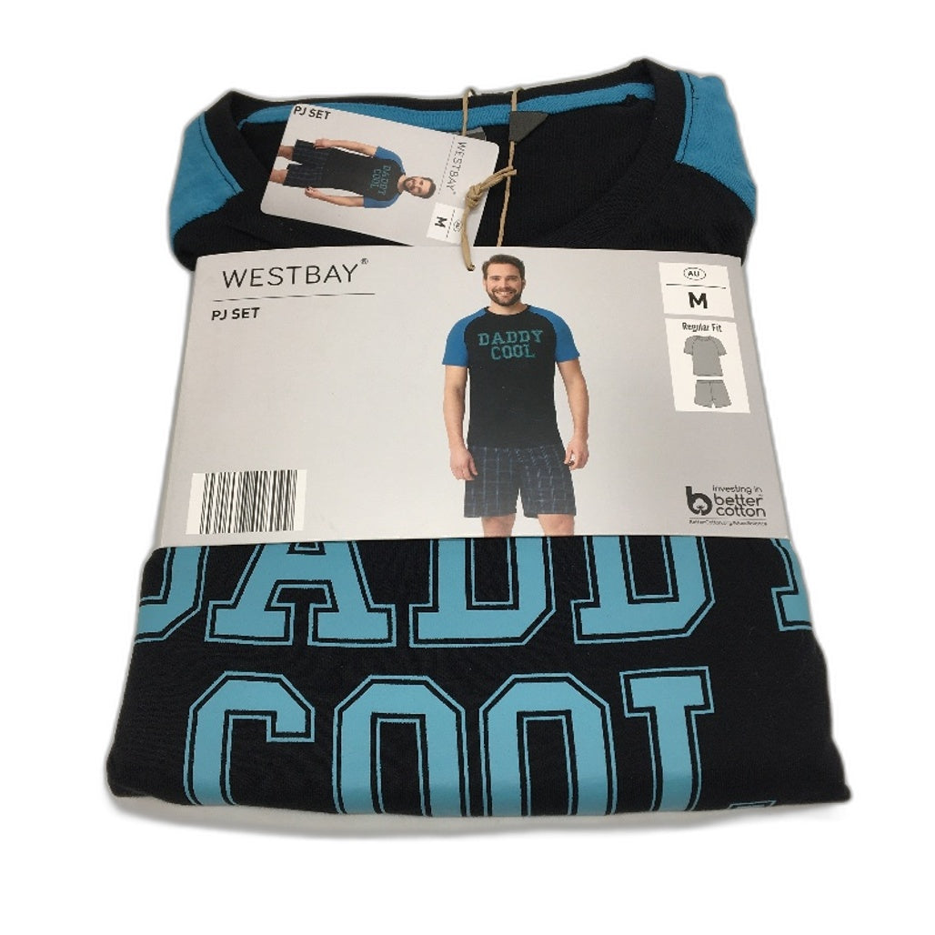 Westbay 2 Pce Daddy Cool Navy Short Sleeve Pyjama PJ Set Mens Size Medium NEW