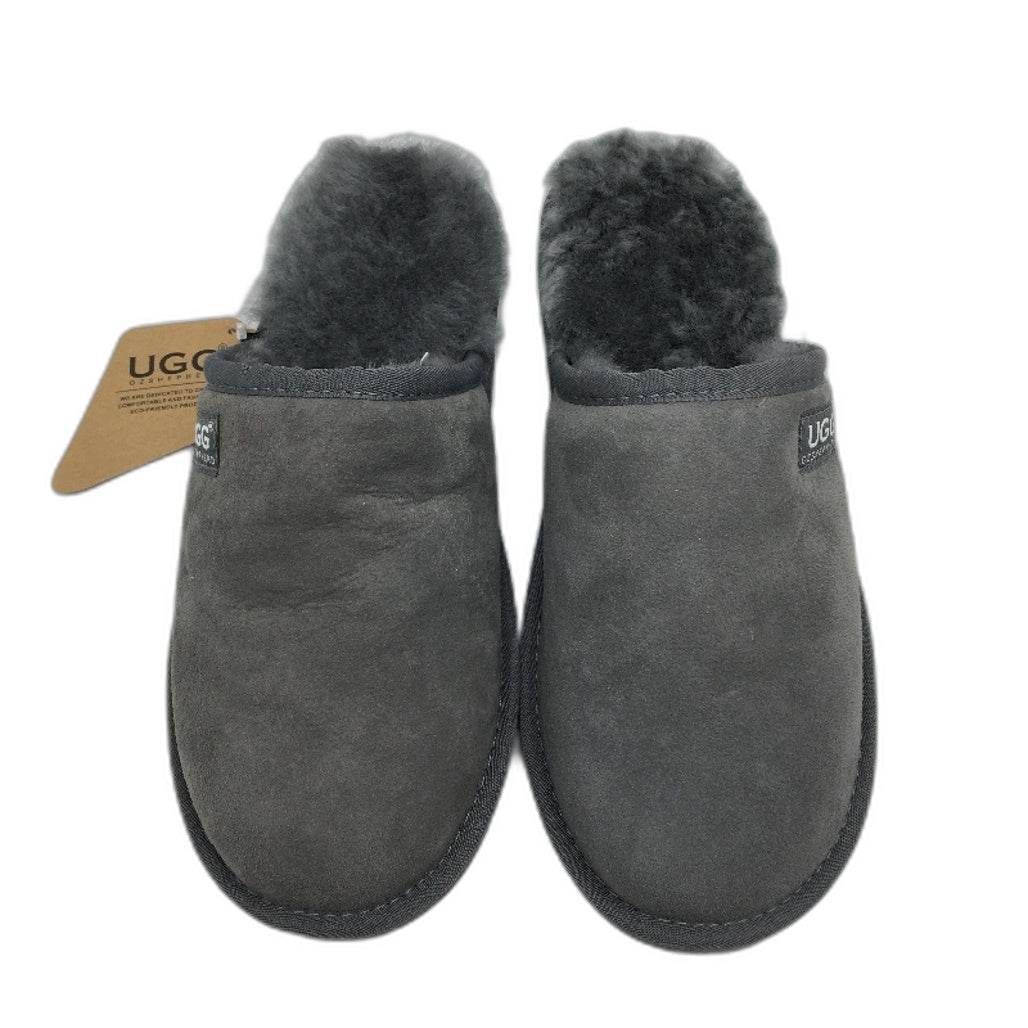 UGG Oz Double Face Sheepskin Grey Scuff Slippers Unisex Size EU44 M11 L13 NEW