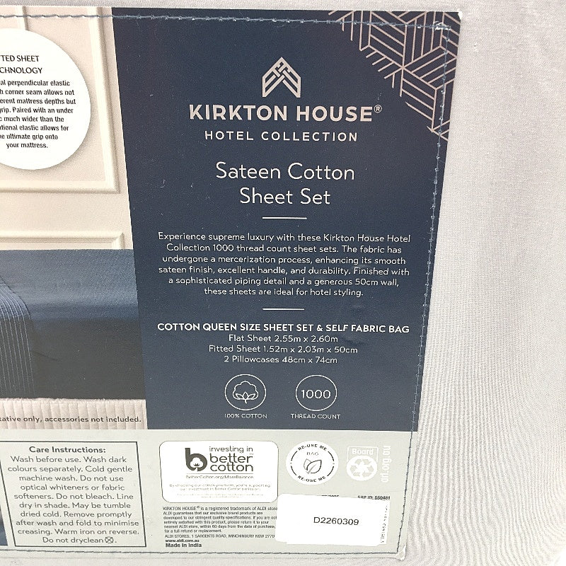 Kirkton House 1000TC Silver Grey Sateen Cotton Fitted Sheet Set QUEEN Size NEW