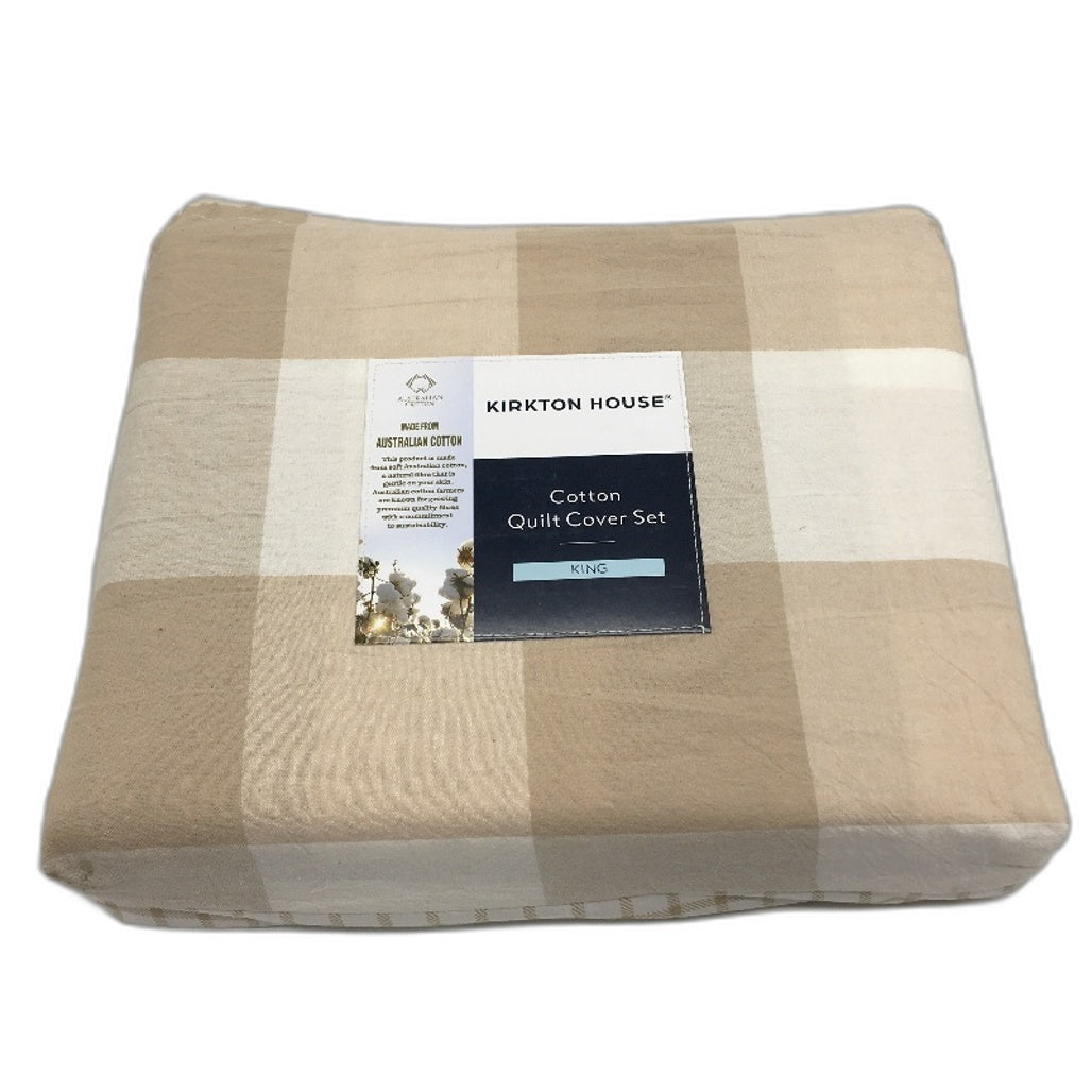 Kirkton House Caramel Gingham Check Cotton Quilt Cover Set KING Size NEW