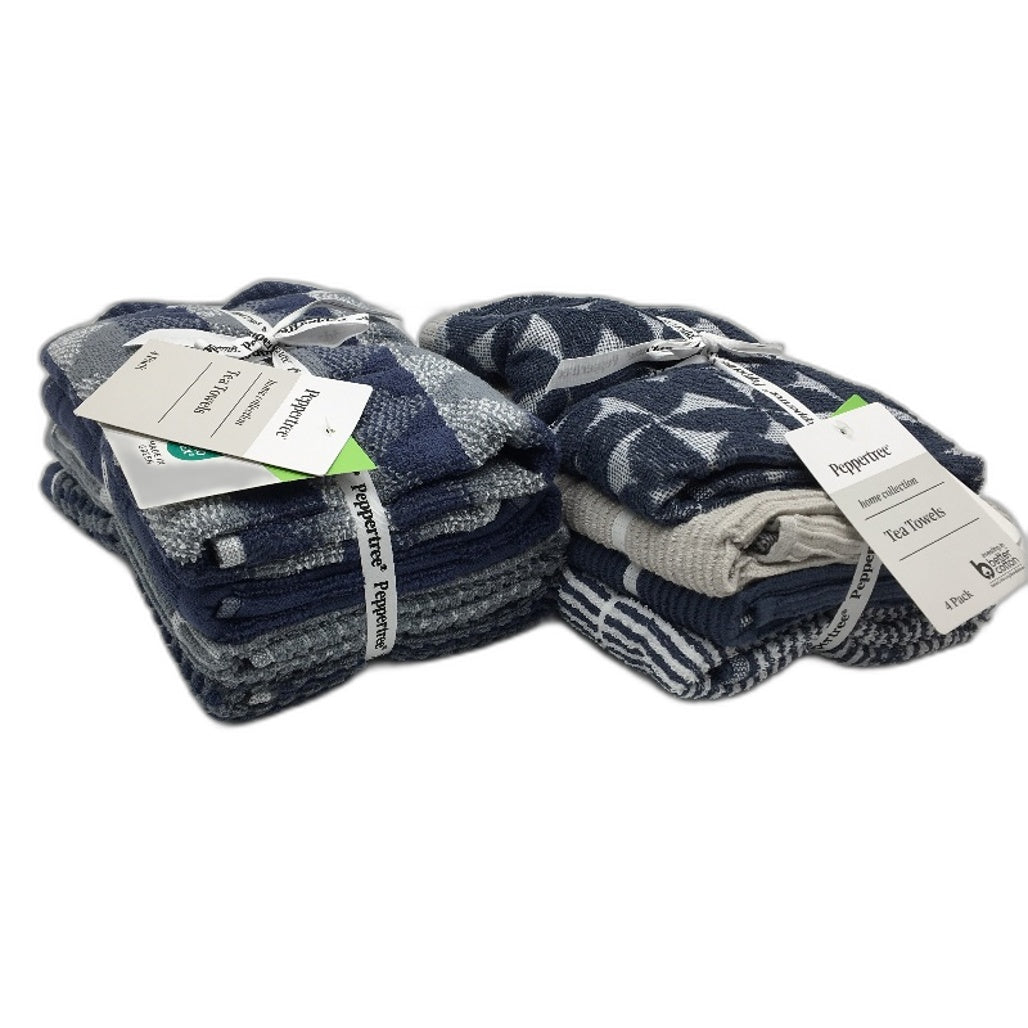 Peppertree 8 Pce Navy & Grey Patterned & Textured Soft Cotton Tea Towel Pack NEW