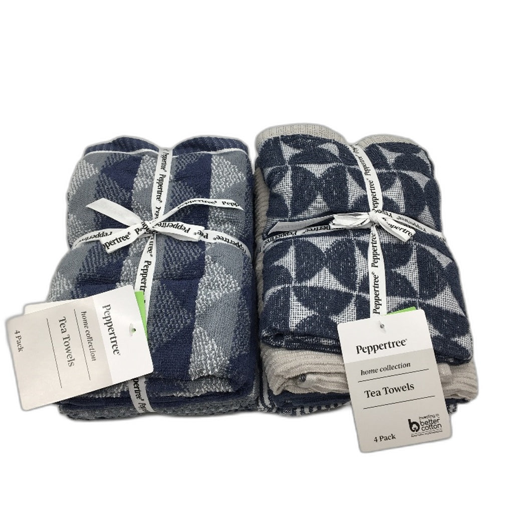 Peppertree 8 Pce Navy & Grey Patterned & Textured Soft Cotton Tea Towel Pack NEW