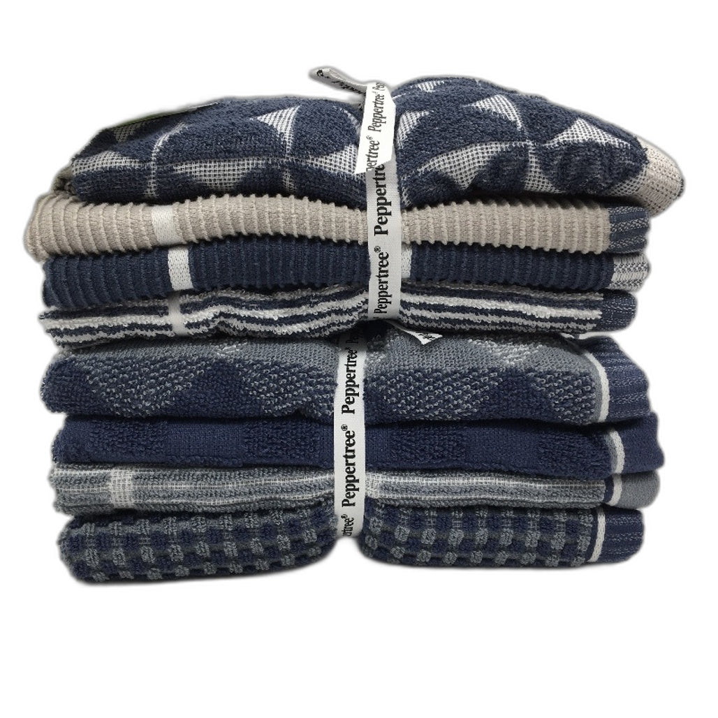 Peppertree 8 Pce Navy & Grey Patterned & Textured Soft Cotton Tea Towel Pack NEW
