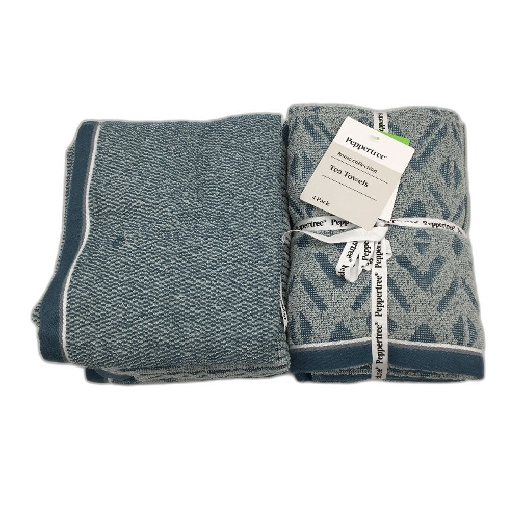 Peppertree 8 Piece Teal Patterned & Textured Soft Cotton Tea Towel Pack NEW