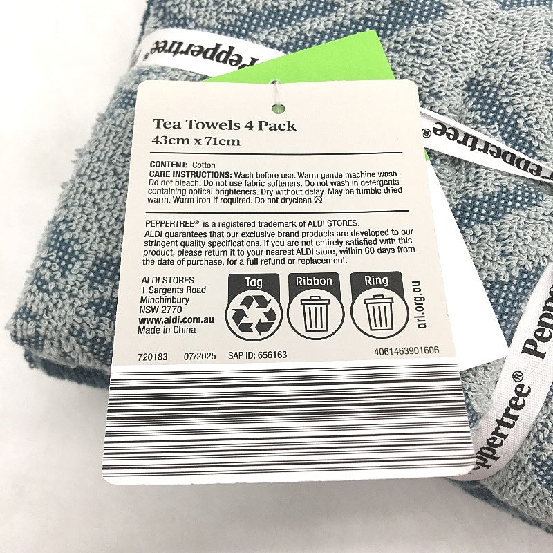 Peppertree 8 Piece Teal Patterned & Textured Soft Cotton Tea Towel Pack NEW