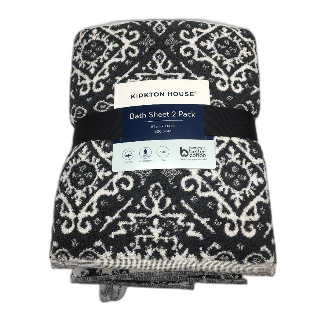 Kirkton House 2 Piece 100% Cotton Large Black White Pattern Bath Sheet Set NEW